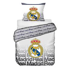 Real Madrid sängkläder - Vitt vändbart bäddset med logotyp och text - 140x200 cm - 100% bomullssänglinne - Fotbollssängkläder - Svart/Vit (140x200 cm)