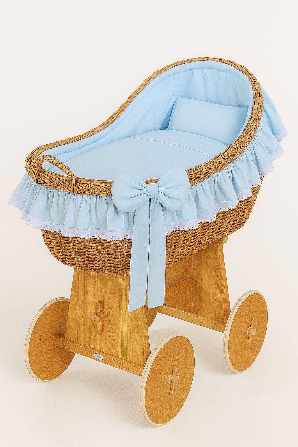 Carina Wicker Moses Basket with Wicker Shed - Natural + Blue Bedding