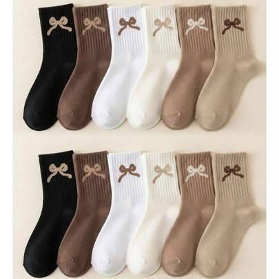 6/12 par söta barn- och babysockor med rosettmönster, mittkalv, jordnära neutrala färger, skolstart, babyartiklar, Halloween, skolnödvändigheter - Multifärgad (8-11Y,1-3Y,12-16Y,3-8Y)