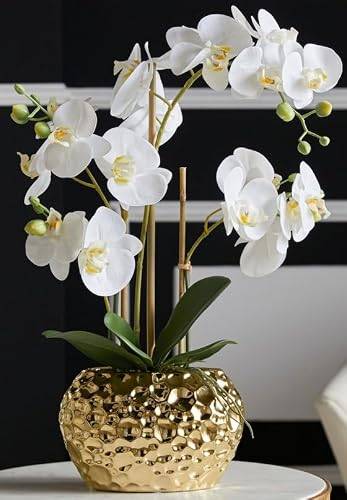 DAHLIASTUDIOS Konstväxt orkidé Phalaenopsis med guldfärgad keramisk kruka – ca. 53 cm hög (vit)