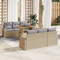 7 Delars Trädgårdsdining Set med Dynor Beige Poly Rattan Akacia