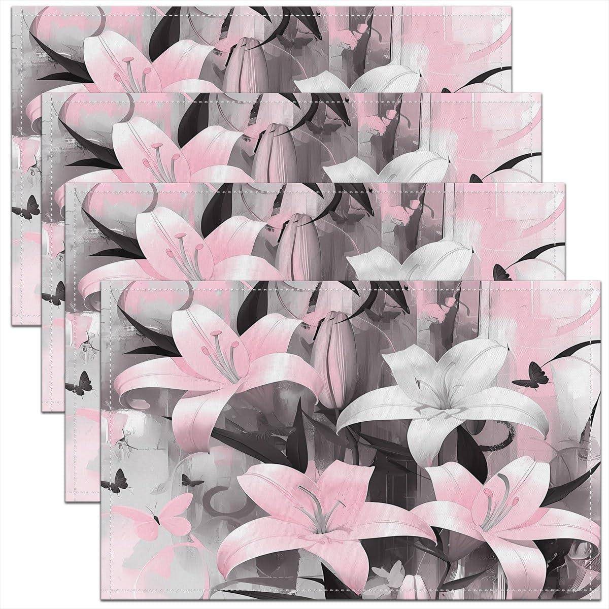 4/6/8 st Moderna Liljeblommor Linne Bordsunderlägg Eleganta Rosa Vita Blommor Fjärilar Matsalsbordstabletter Tvättbara Köksmattor