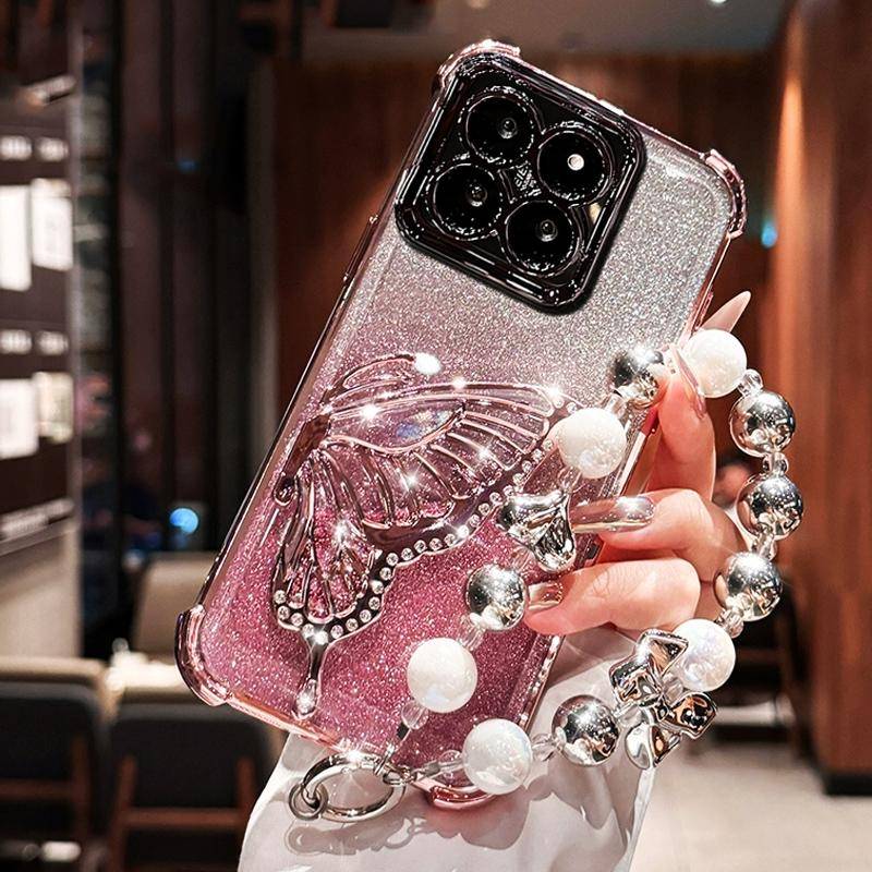Stötsäkert Plätering Glitter Fjäril Ställ Armband Skal för Xiaomi 17 pro max Xiaomi17 13T 14T 15T Pro 15 Ultra Ställ Skydd blå