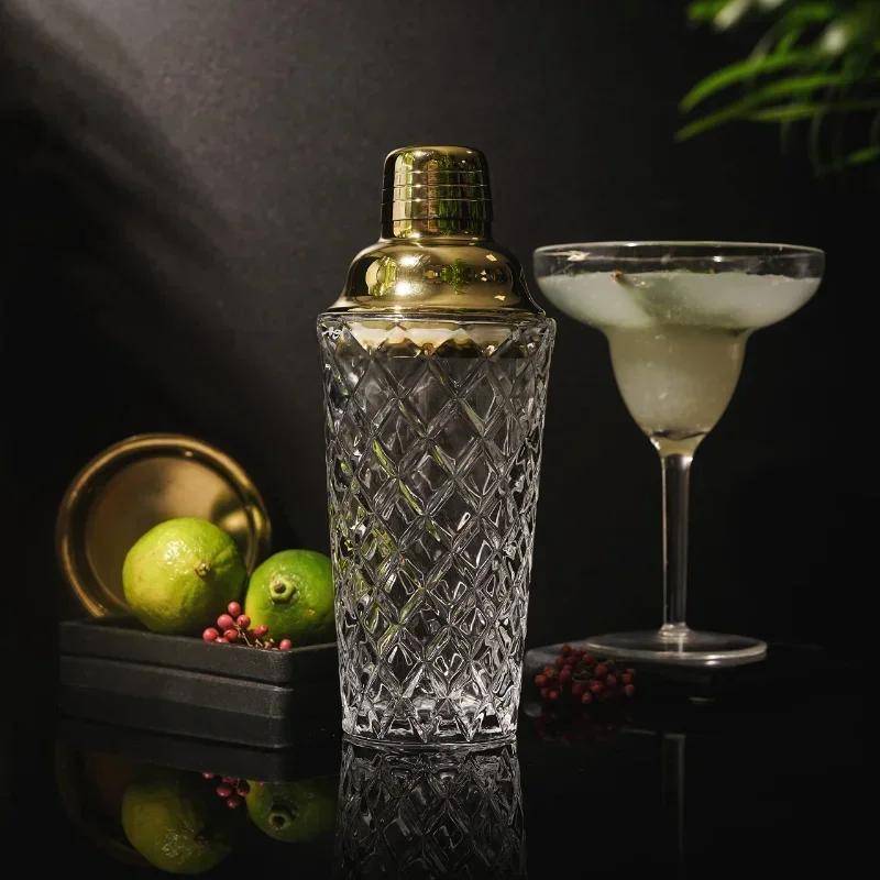 Cocktailshaker-kit i glas, 13 uns set för att göra Martini och Mocktails med läckagesäkert metalliskt stållock för hemmabruk & Barvagn gyllene