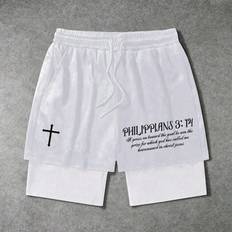 Herr Casual Slogan Print Dragsko i midjan 2 i 1 dubbla lager shorts - Vitt - L,M,S,XL,XXL