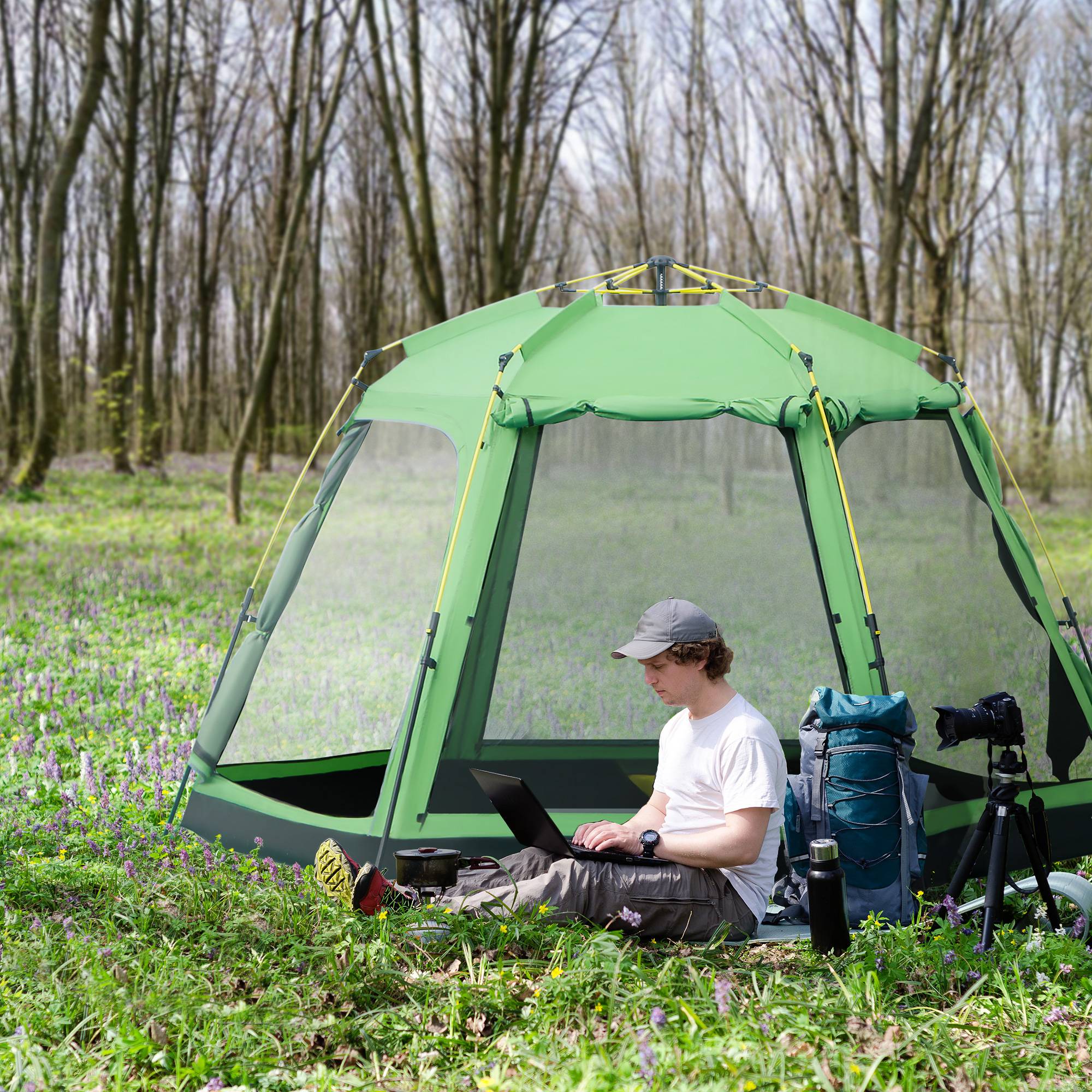 Campingtelt 6-personers familiekupeltelt PU2000mm Vandtæt, Nem Opsætning, Stål & Glasfiber, Grøn, 320x320x180cm