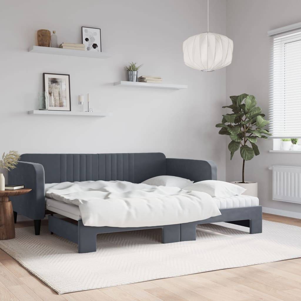 daybed med udtræk og madras 90x190 cm velour mørkegrå
