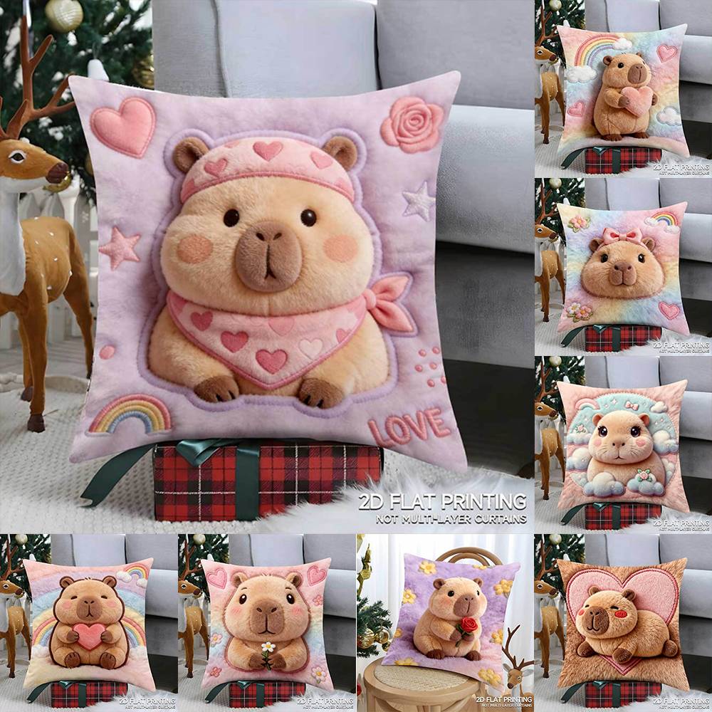2D-Flat Kawaii Capybara Throw Pillow Covers, Cute Cartoon Animal Velvet Cushion Cases for Home Sofa Bedroom