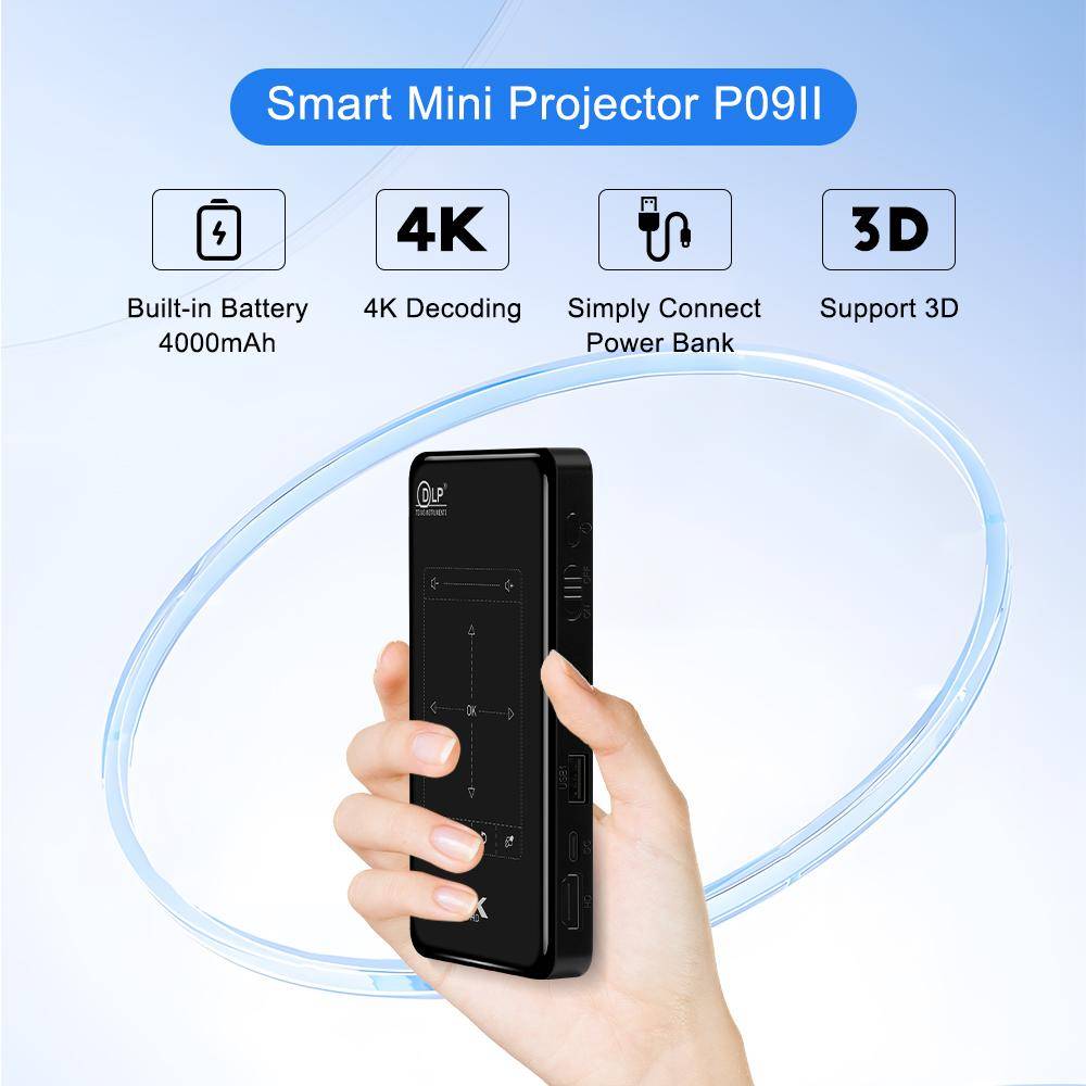 VIVICINE Ny Uppgraderad P09-II 3D Mini Projektor Android Bärbar Batteri WiFi HDMI 4K DLP svart