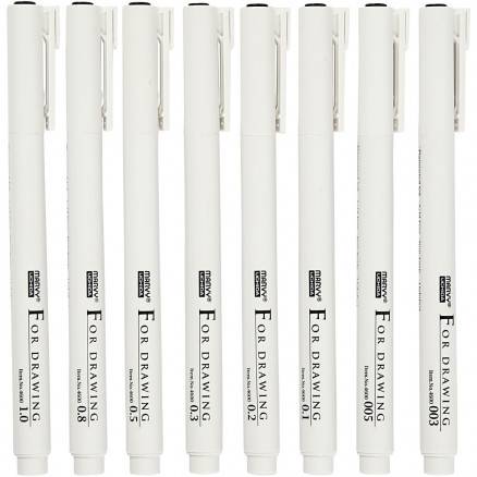 Fine Line skrive/tegnetusch, stregtykkelse: 0,03+0,05+0,1+0,2+0,3+0,5+0,8+1,0 mm, sort, 8stk..