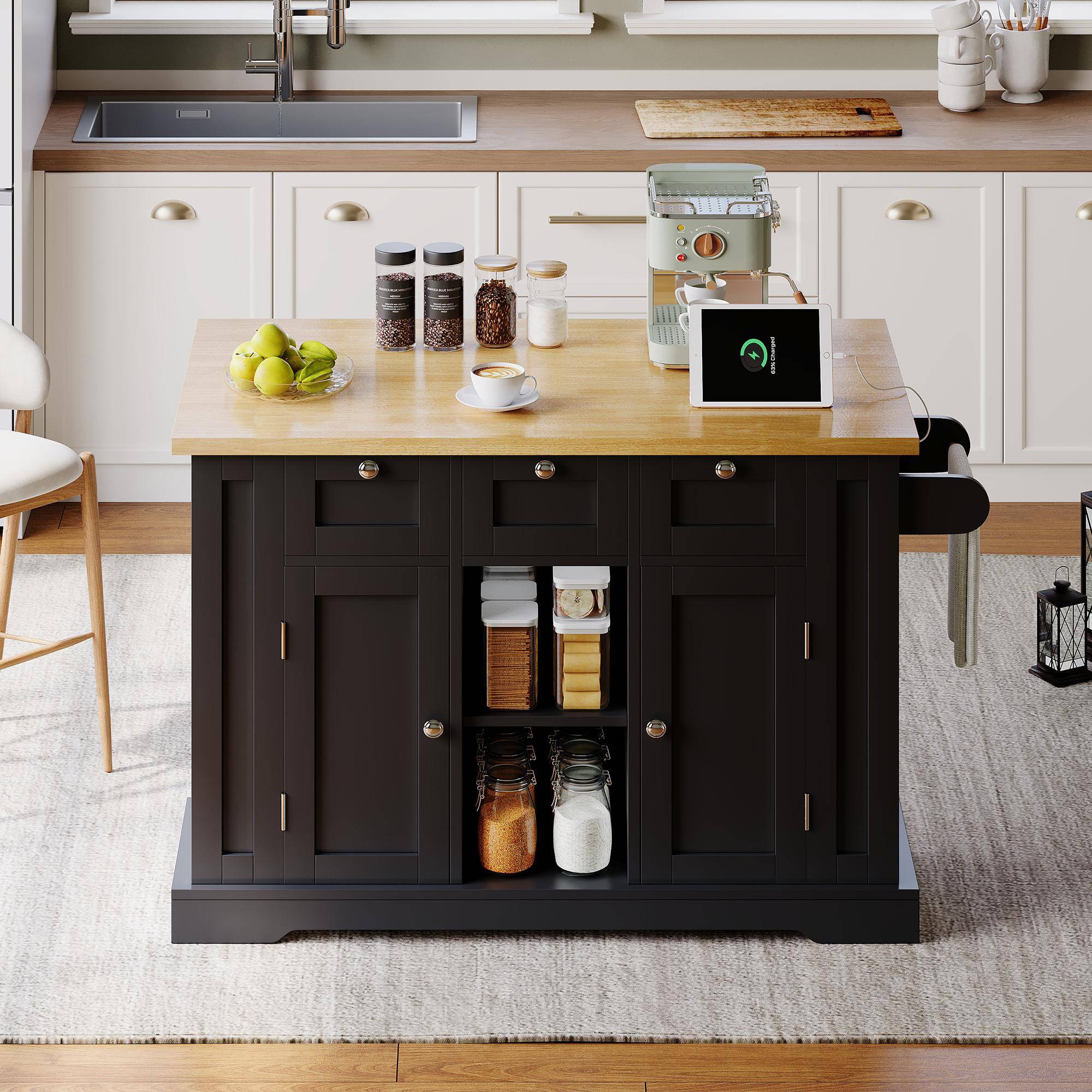 Versatile Kitchen Island with 3 Drawers and 2‑Door Cupboards, Practical Trolley with Extendable Worktop, 132L x 70W x 87H cm, Natural+Black Aosom UK