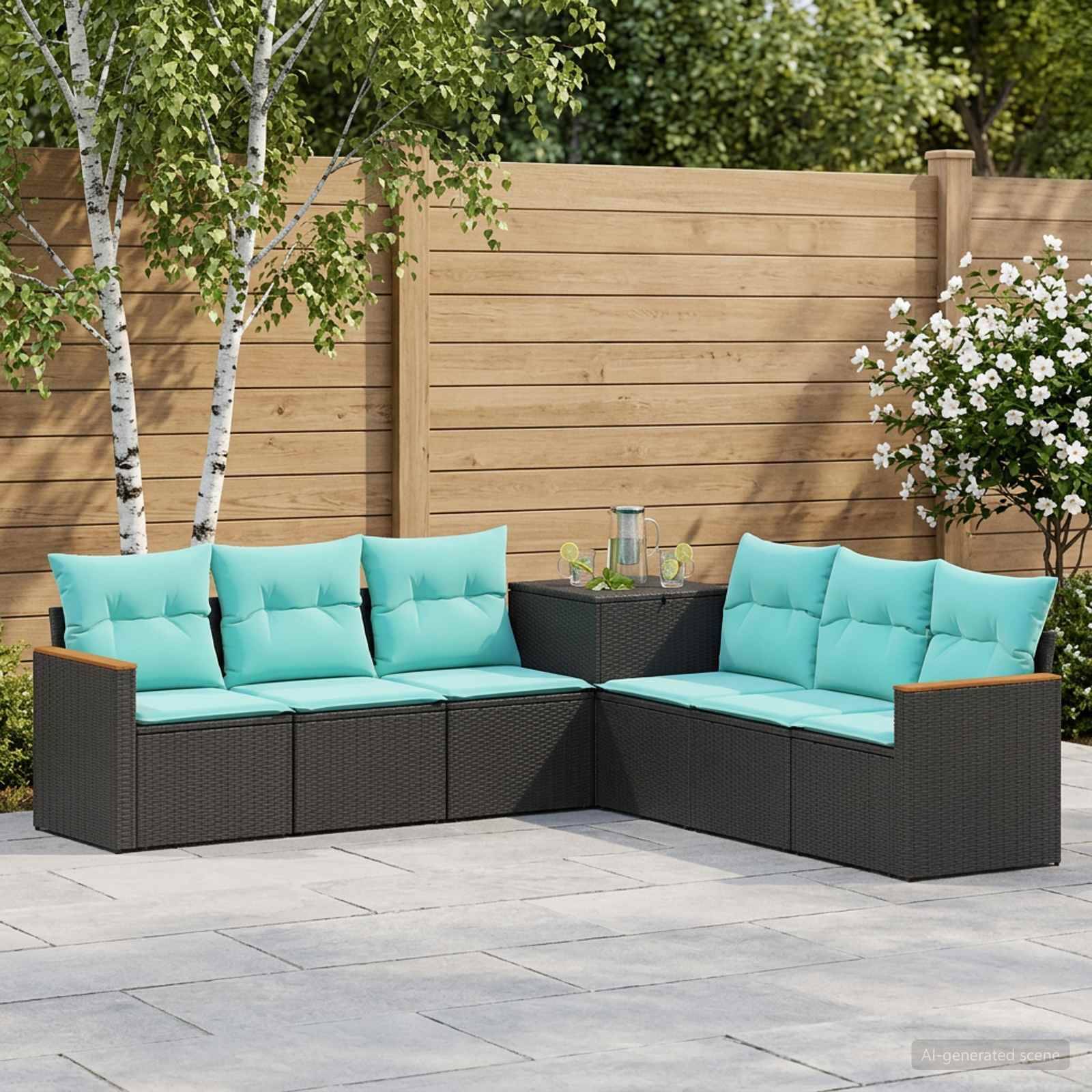 vidaXL Sofa Sæt 7 stk. Sort og Blå Poly Rattan og Stål