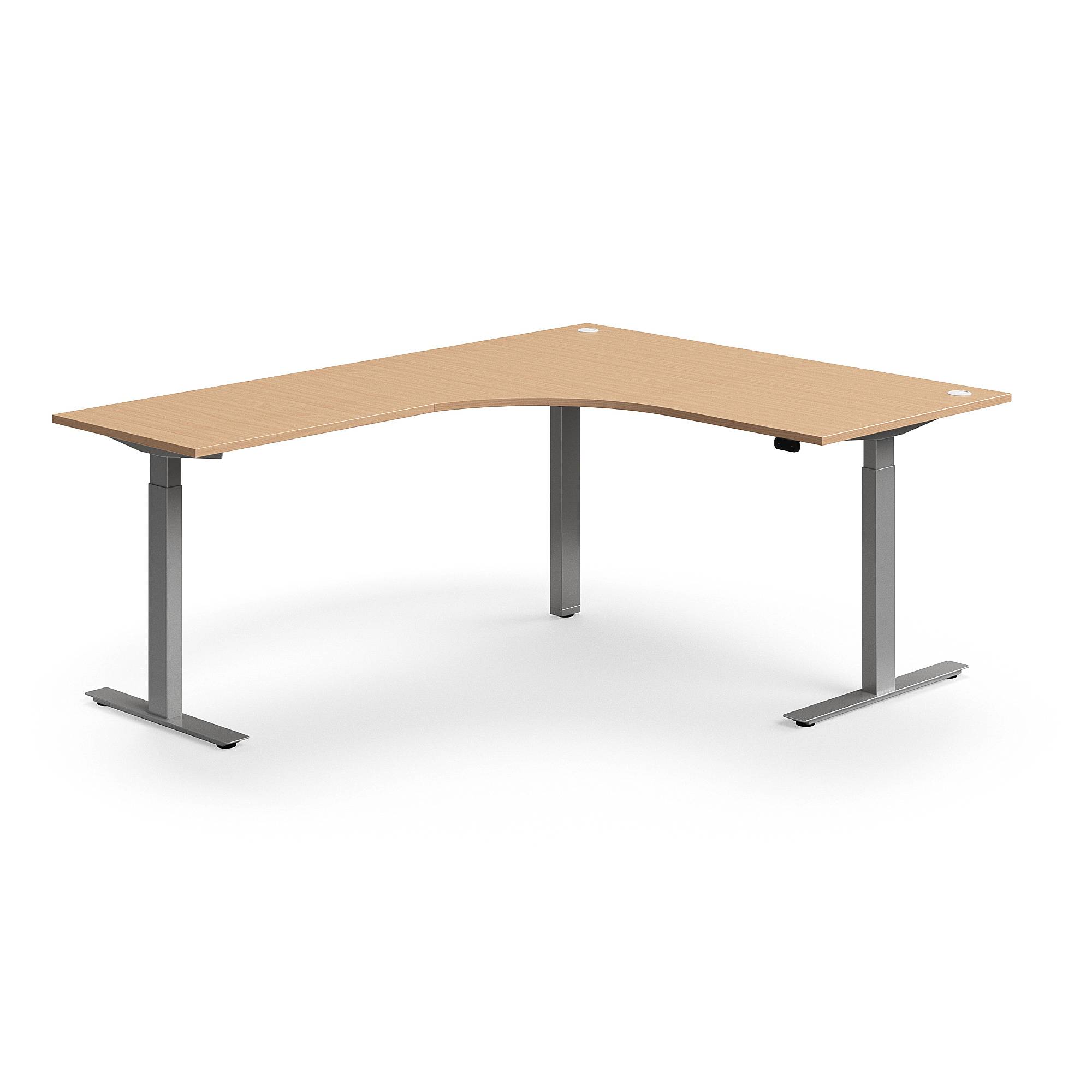 Hörnskrivbord FLEXUS, höj- och sänkbart, 1600x2000 mm, silver/bok