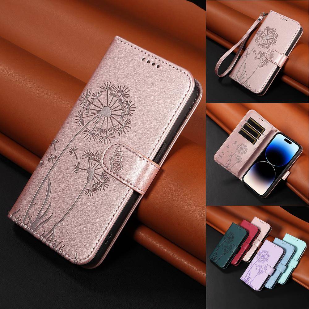 Läderplånbok Fodral med Lock för Motorola Moto G67 G77 G57 Power G06 G56 G86 G15 G05 G75 G35 G55 G85 5G Maskros Präglad Design, Kortplatser, Handledsr