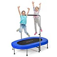 GOPLUS Fitness studsmatta för 2 barn, 154 x 90 cm vikbar studsmatta med 5 stegs justerbar ledstång kan belastas upp till 150 kg, barnstudsmatta, inomhus/utomhus för jumping träning (blå)