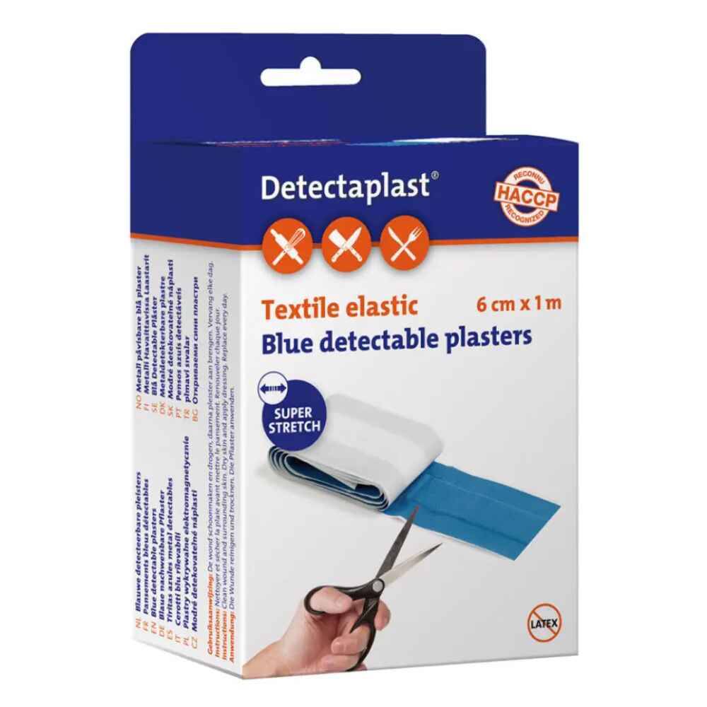 Detectaplast Sårforbinding, selvklæbende bandage til sår og skader, vandtæt plaster rulle, velegnet til håndtering af mad, super elastisk, Plaster 1m x 6 cm
