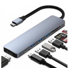 NFMAXONE USB-C 7-i-1-hubb, typ C USB-hubbadapter med HDMI 4K, dockningsstation med USB 3.0-portar, kompatibel med Macbook Pro/Air, iPad Pro, iMac, iPhone 16 15 Pro/Pro MAX - SD/TF-läsare