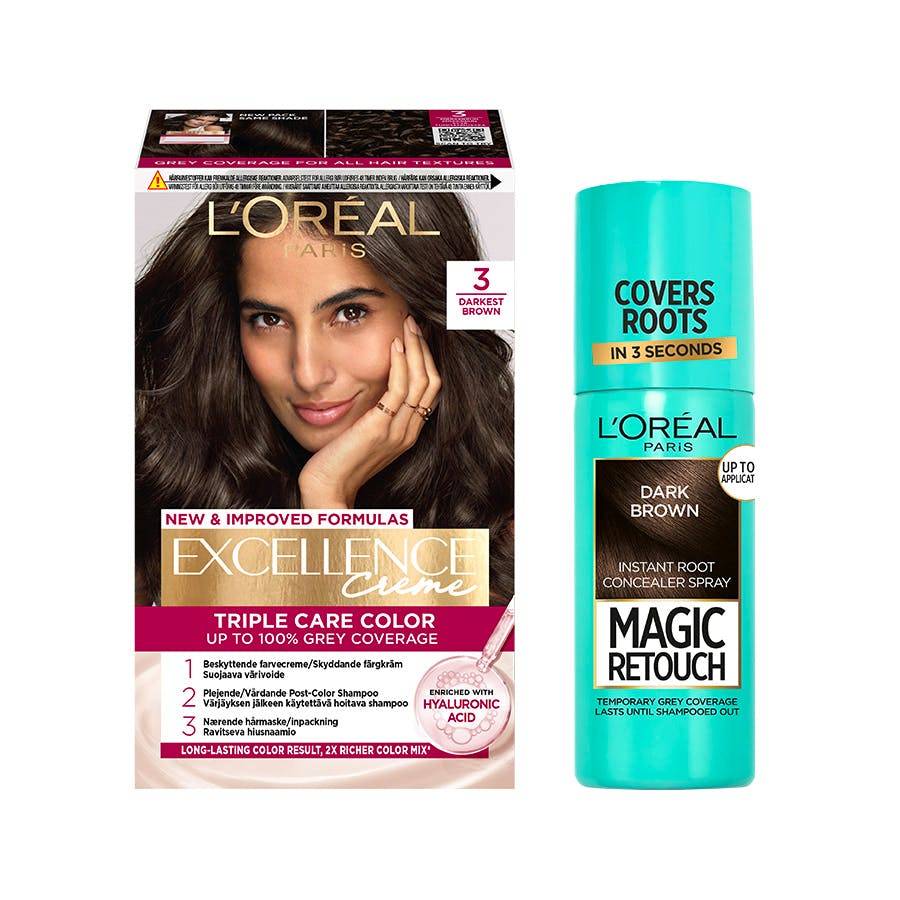 L'Oréal Paris Excellence Creme Hair Color 3 Natural Darkest Brown & Magic Retouch Dark Brown Instant Root Concealer Spray 1 pcs + 75 ml