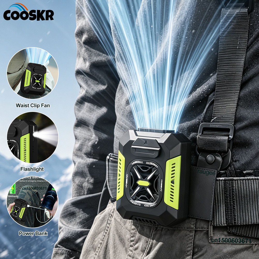 Portable Waist Clip Fan USB Rechargeable Fan 5000mAh Outdoor Camping Waist Fan with Power Bank LED Light Mini Personal Waist Fan