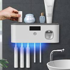 Väggmonterad tandborsthållare med tandkrämsdispenser, elektrisk tandborsthållare för badrum, solladdning och ingen borrning krävs smart ren tandborstorganisatör med 5 borstspår