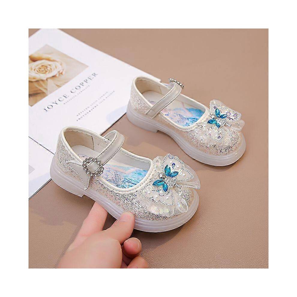 (34-Insole 20.8 cm) Anti Slip Sole Girls' Luminous Pu Leather LED Light Shoes Frozen Children's Glitter Elsa Princess Shiny Shoes Size 23-34