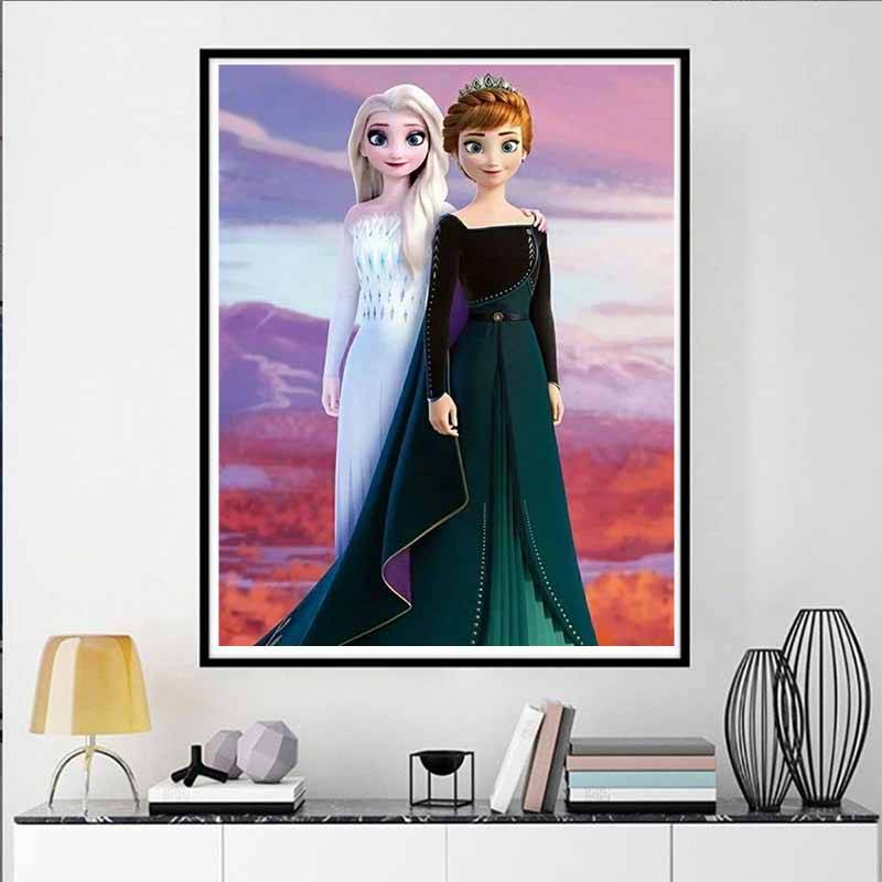 Disney diamantmålning Elsa och Anna illustration DIY-present lämplig för vardagsrum, sovrum, kontor och heminredning black