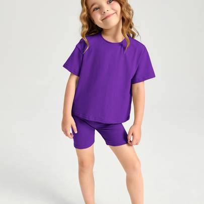 Ung flicka Bomull Nedhasade aclar Topp & Cykel Shorts Set - Violet (6Y,2Y,3Y,4Y,5Y)