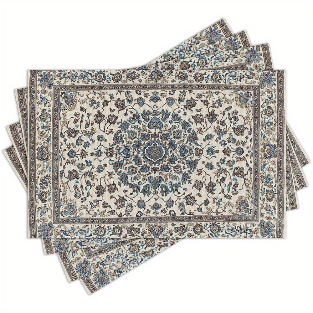 JIT4 Set med Fyra Linneunderlägg, med Blått Blommigt Bohemiskt Mönster, Mått 12X18 Tum, Lämpligt för Kök Och Matsalsinredning, Familj gray
