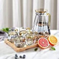 DUJUST Glaskaraff med lock på 2 liter, med 4 koppar och 1 bricka, vattenkanna i modern svart diamantdesign, dekoration för vardagsrummet, glaskanna, värmebeständig tillbringare för iste/mjölk/kaffe
