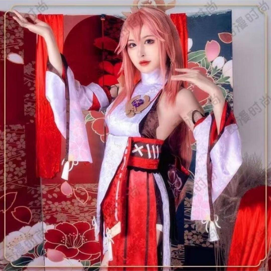Yae Miko Genshin Impact Cosplay Kostym Fullständig Set Räv Gudinna Cosplay Helgedomsflicka Kostym med Peruk Halloween cm gray