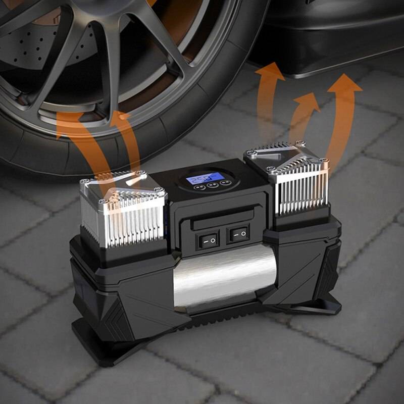 12v fordon monterad dubbelcylinder bärbar digital däckpump, högeffektiv däckluftkompressor, billuftpump