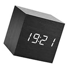 Digital LED-väckarklocka i trä med röstkontroll, temperaturvisning, 3 larm, drivs med batterier eller USB (svart trä + vitt ljus)
