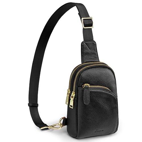 S-ZONE Small/Medium kvinnor läder crossbody sling väska RFID-blockering män bröstpaket ryggsäck unisex, Svart, S, Retro