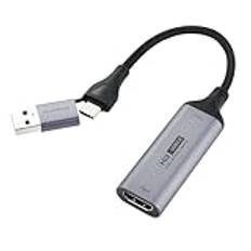 ELUTENG Video Capture Card, USB 3.0 HDMI till USB Type-c Capture Card, 4K 1080P HDMI-Capture Card för Live Streaming videoinspelare onlinelektioner, kompatibel med Windows Mac OS system