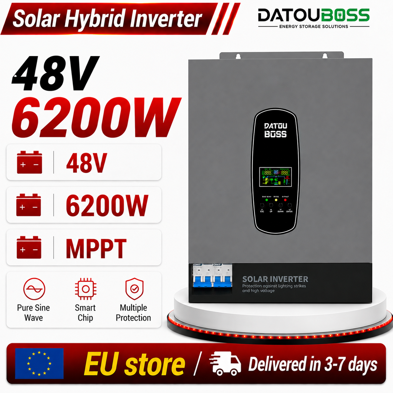 DATOUBOSS 48V 6200W Solar Hybrid Inverter 8500W PV Input with MPPT | 48VDC to 230VAC Pure Sine Inverter,120A MPPT,Supports battery‑free, BMS Protection System, for 48V Lithium Batteries