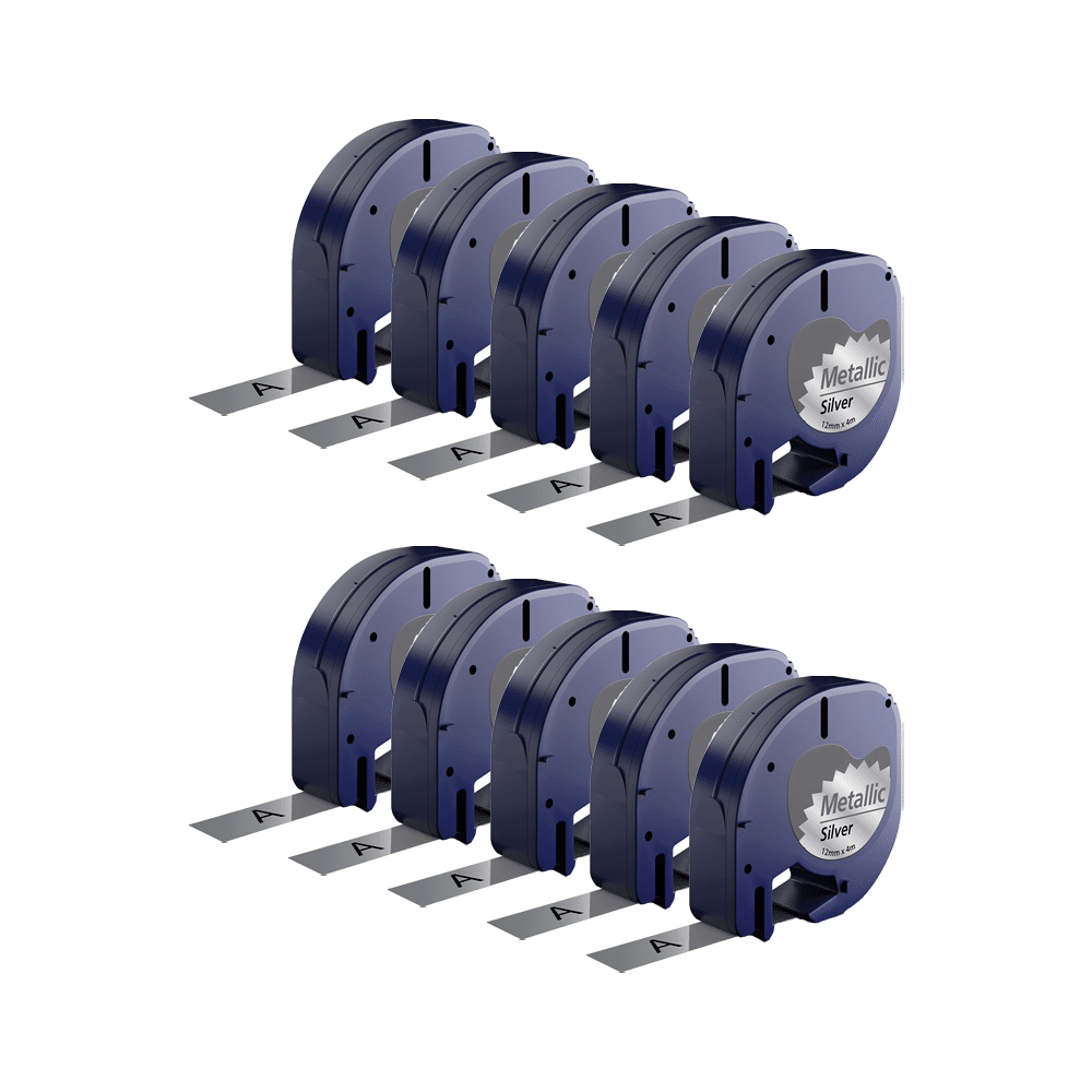 Rabatpakke - 10 stk Dymo 91208 | 91228 sort på sølvmetallic tape Kompatibel 12 mm x 4 m