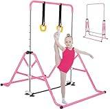 FCOUMY Gymnastikstång för juniorträning, ”kip bar”, gymnastikutrustning för hem, justerbar teleskopisk höjd, vikbar horisontell stång med gymnastikringar för 3–12 år gamla barn, rosa