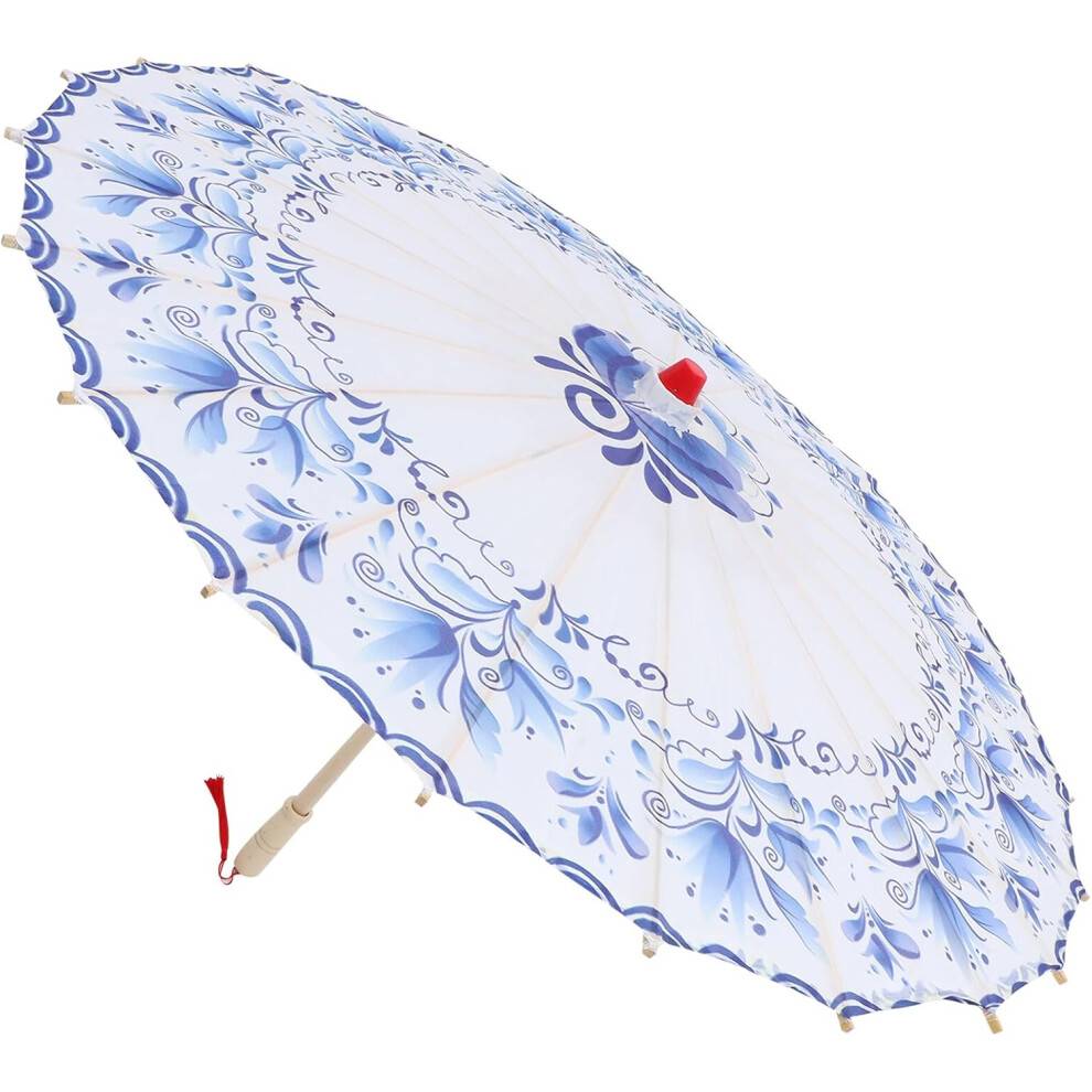 Vintage kinesiskt paraply i oljepapper för klassisk dans, 82 cm blått och vitt porslinsdesign