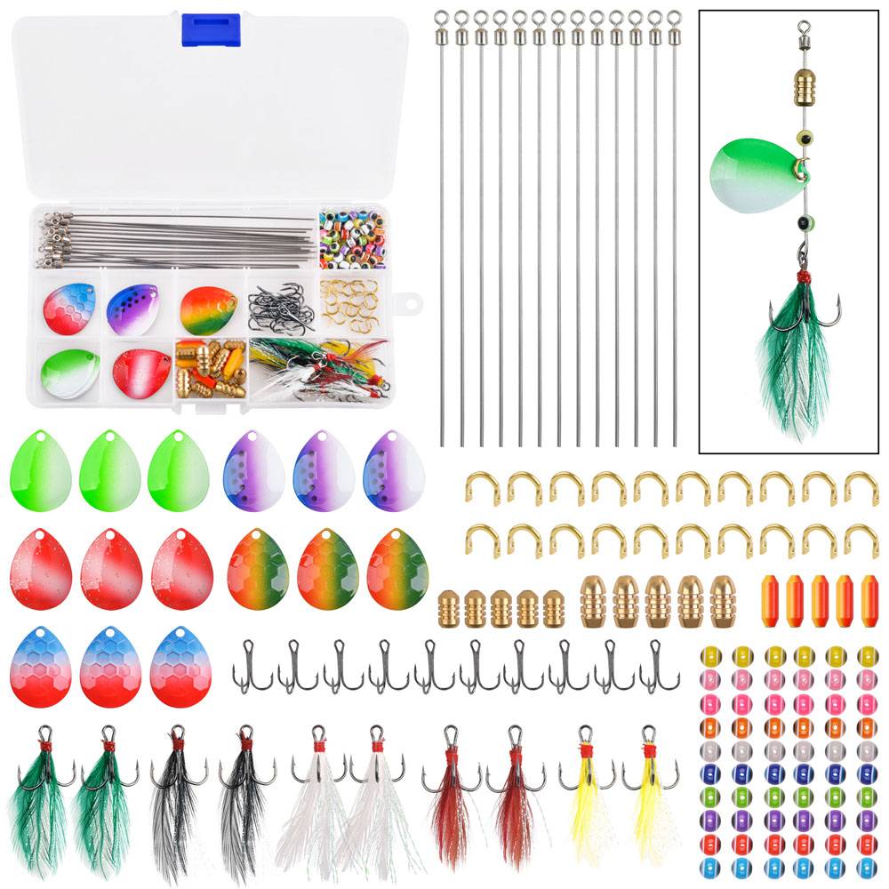 190Pcs Rotating Spinner Fishing Lure Making Kit Metal Spoon Sequins Hard Bait Treble Hooks for Inline Spinners Walleye Rigs