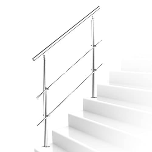 Ikodm Ledstång rostfritt stål trappräcke utomhus och inomhus 160 cm, Ø 42 mm med 2 tvärstag och tillbehör, justerbar vinkel för trappor trädgård husingång räcke balkong (L:1600 mm H: 1065 mm)