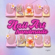 Vår/sommar handgjorda nageltippar med ankmunn i Y2K-stil, hudfärgade, röda, rosa nagelplattor med franska kanter, handgjorda snidade blommor, rosetter - Multifärgad
