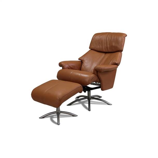 CALIBRA - LÆNESTOL INKL. SKAMMEL - 6000 SV COGNAC SEMIANILIN LÆDER - Siddehøjde: 49 cm.