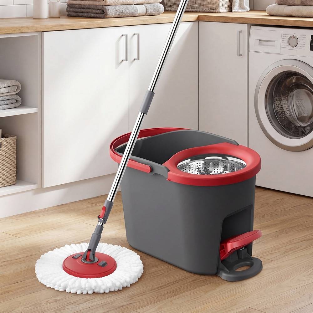 Moppset med hink, pedal och 4 mikrofiberdukar - Grå/Röd / Golvmopp med hink / Snurrmopp