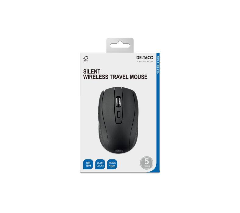 DELTACO Silent Wireless Traveling Mouse, 5 Buttons, 600-1200 DPI,black