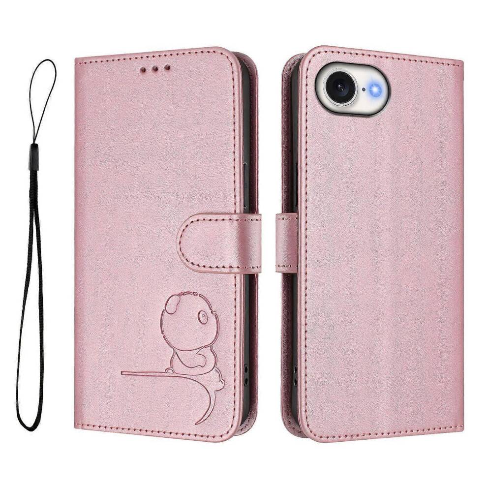 (Pink) For iPhone 16e Case Panda Imprint Wallet Leather Phone Cover with Wrist Strap