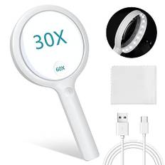Förstoringsglas med ljus, 30 x läs-lups, läsvepor med ljus för seniorer stora, uppladdningsbara USB-förstoringsglas, 3 ljuslägen, för äldre läsning, barns hobbyobservation,
