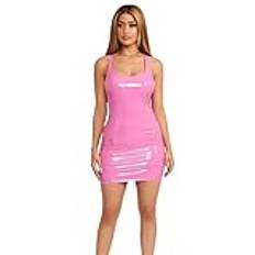 THSCWY Konstläder latex festklubb klänning kvinnor sexig rund hals PU-läder tank miniklänningar bodycon för kvinnor, Rosa, M