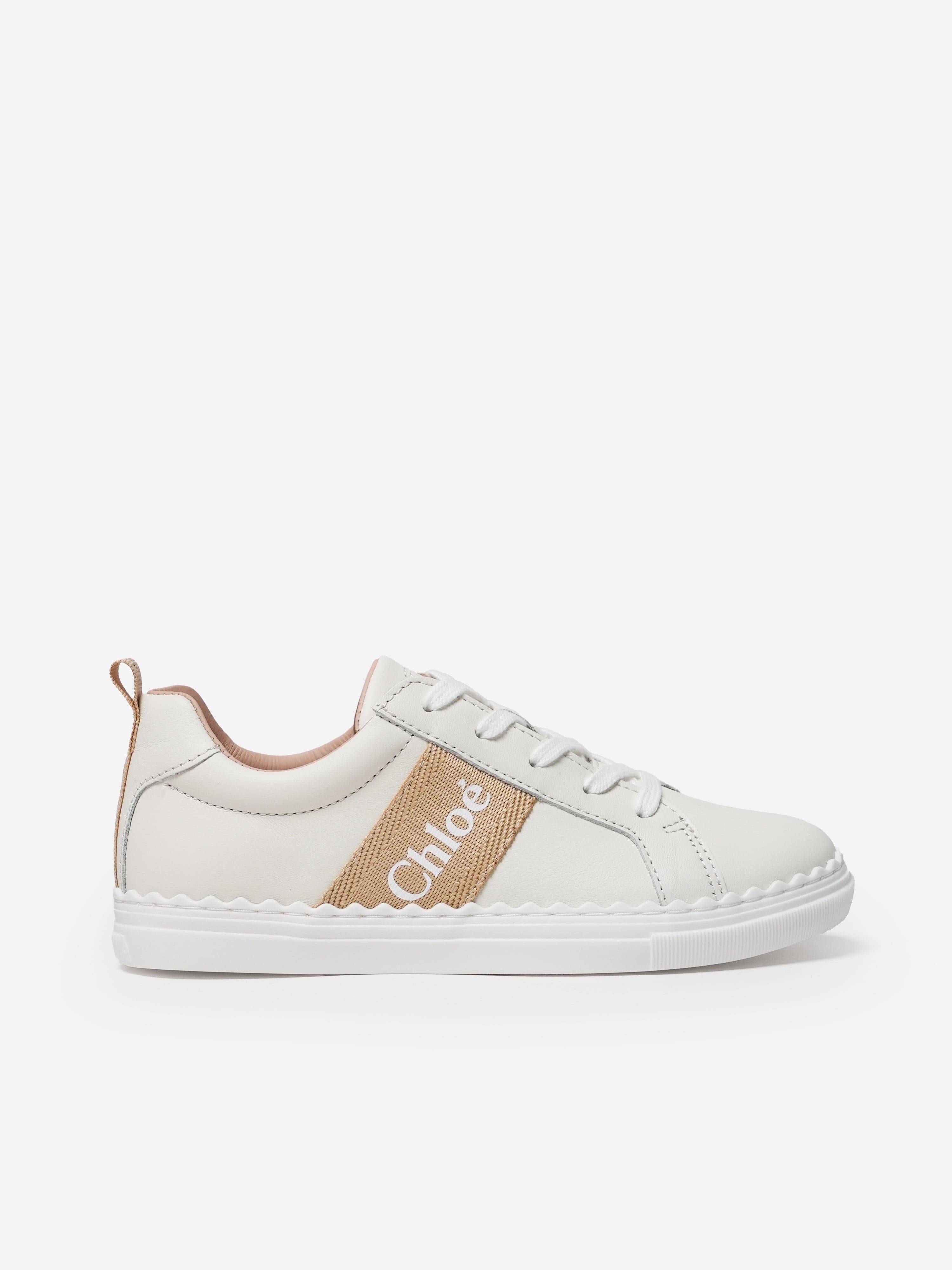 Chloé Girls Leather Logo Trainers in Beige - Ivory / EU 36 UK 3