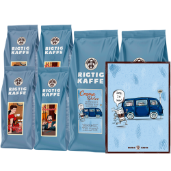 Rigtig Kaffe Blå Mixpaket 4kg Hela kaffebönor Inkl. Kaffeposter Rigtig Kaffe SORRY I'M LATTE 21x30 cm