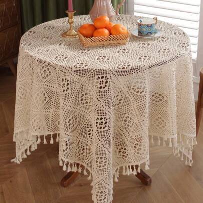 100% polyester vintage bohemisk rund duk, handgjord ihålig virkad stickad textur, hängande tofsdekor runt hela kanten, beige rund duk, lämplig för bru (Multi-size)